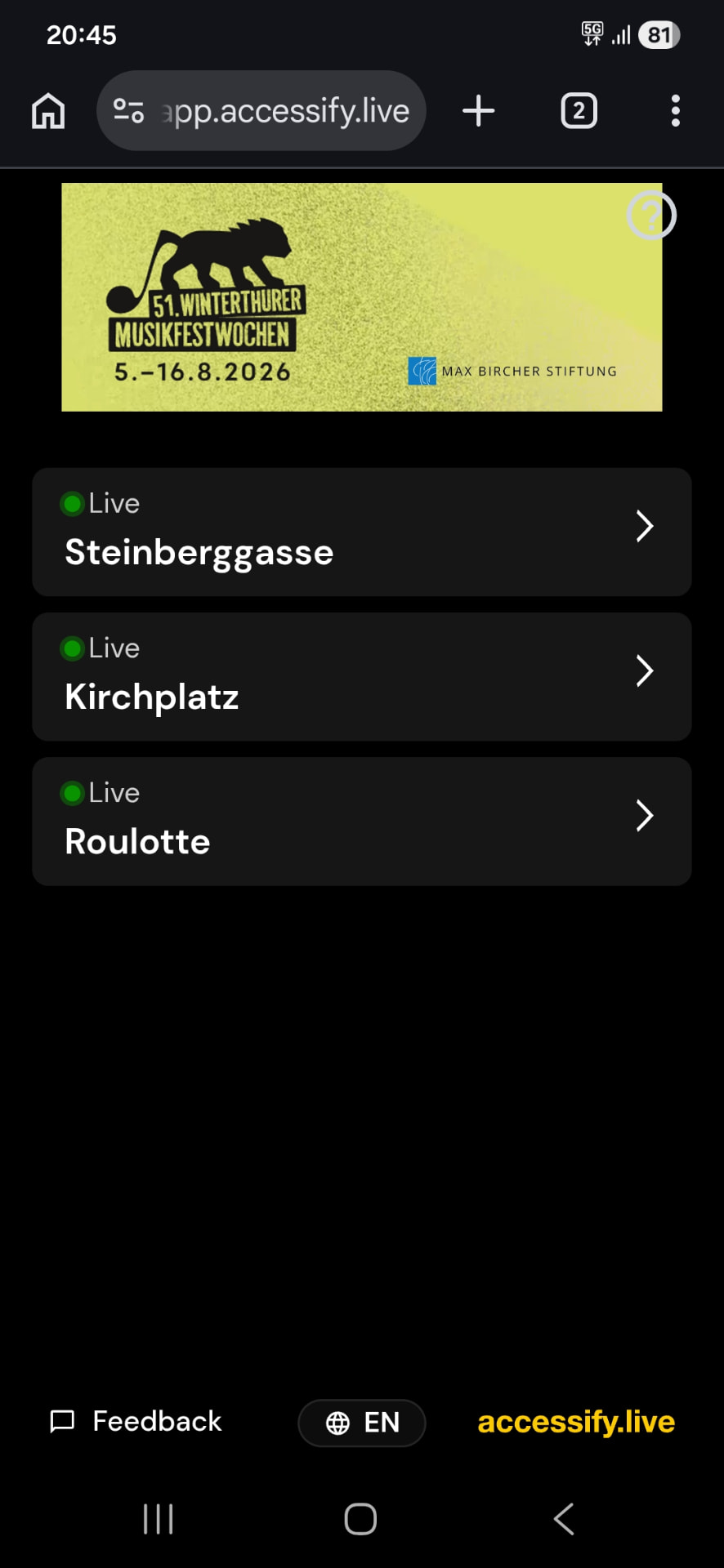 Screenshot der accessify.live-Webapp mit der Auswahl der Live-Spielstätten an den Winterthurer Musikfestwochen