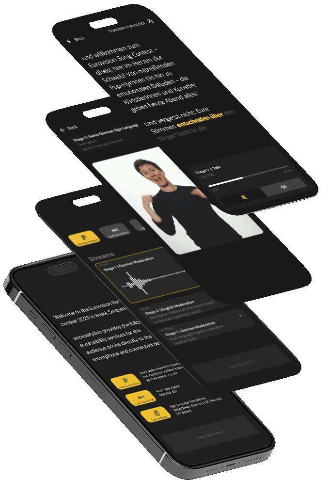 Animation showing the accessify app interface with live audio streaming, subtitles, and sign language features