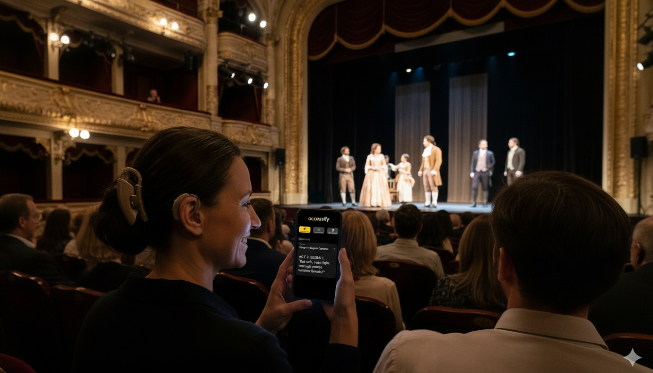 Woman with hearing aid using the accessify app at a theater